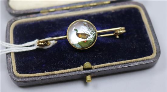 A late Victorian gold and Mallard duck Essex crystal bar brooch, 43mm.
